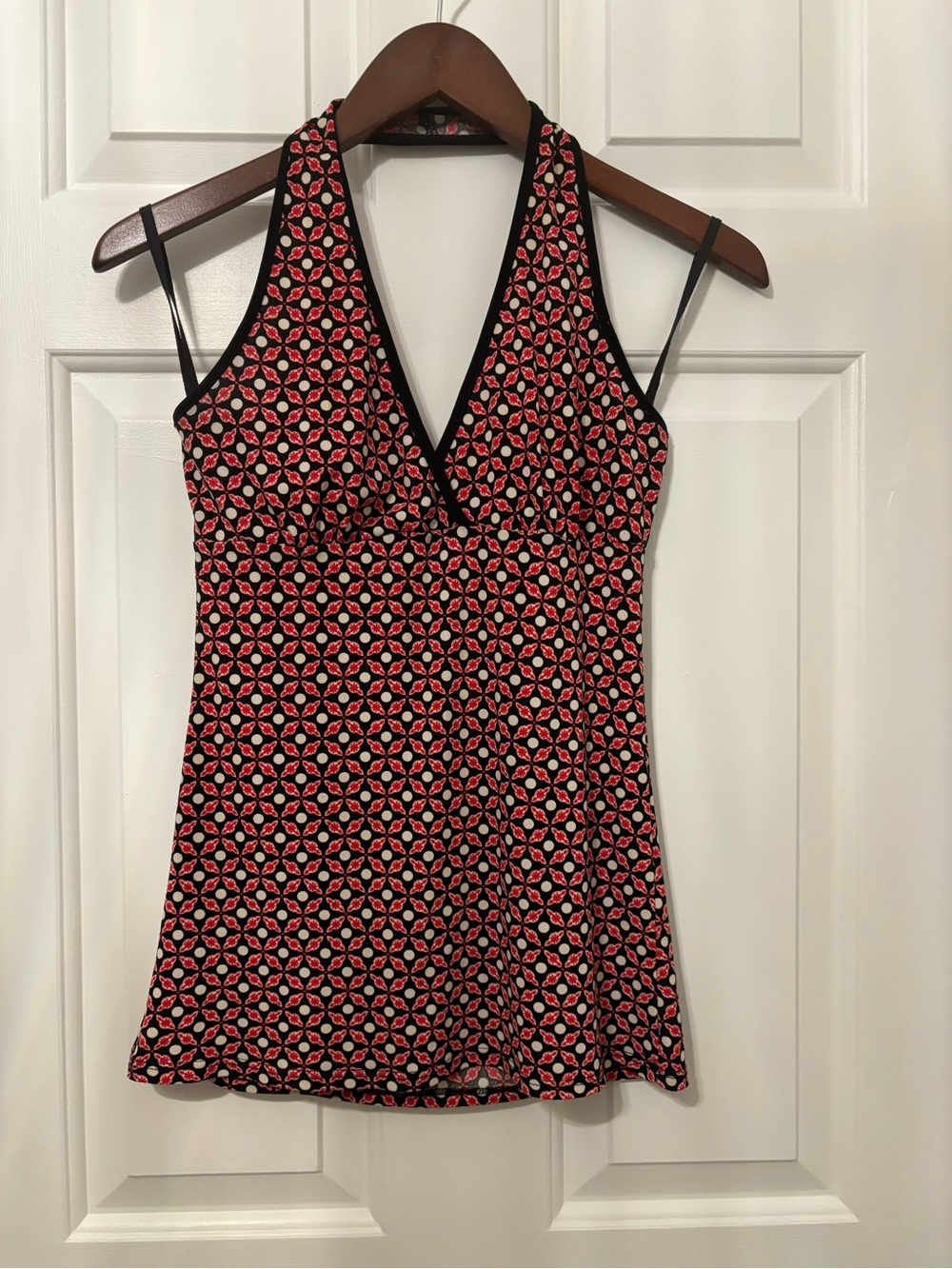 Vixen Black Halter Top with Red and White Geo Pattern